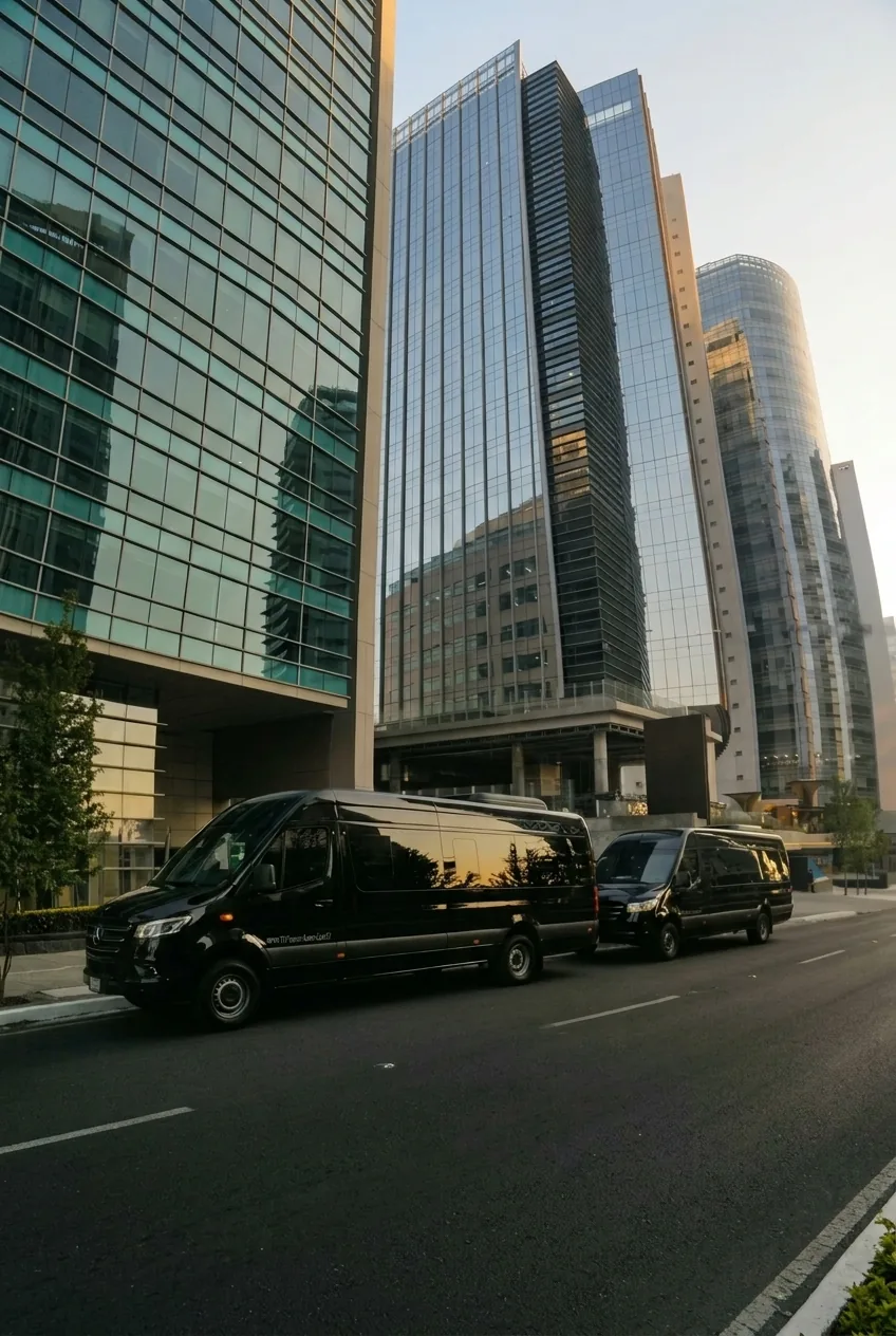MCI Mercedes-Benz Sprinters outside corporate towers