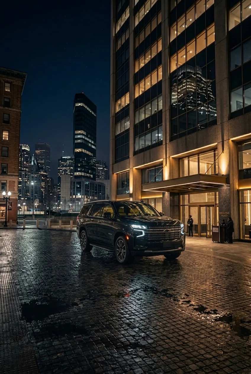 MCI Chevrolet Suburban at an executive building entrance at night