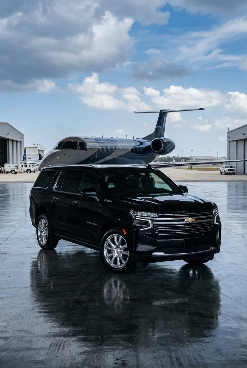 MCI Chevrolet Suburban beside a private jet at the hangar