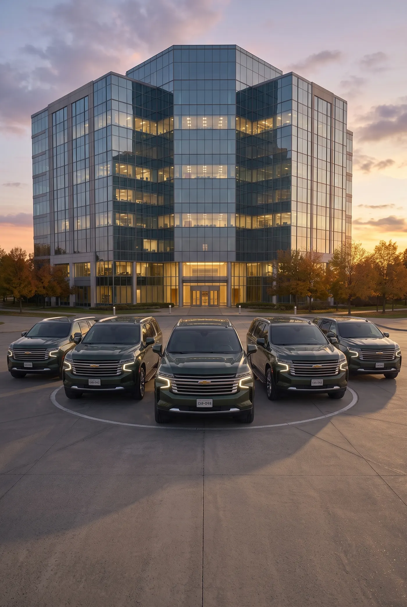 MCI Chevrolet Suburban fleet outside a corporate building